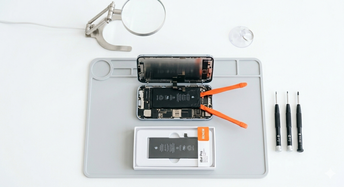 Phone battery replacement on a repair bench